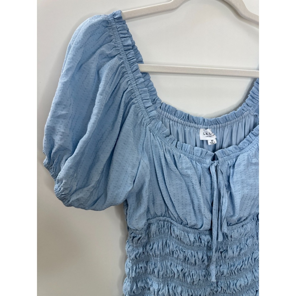 LE LIS Light Blue Smocked Puff Sleeve Midi Dress M Milkmaid Cottagecore Coquette - Picture 4 of 16
